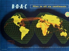 Original Vintage Travel Poster BOAC Flies To All Six Continents Planisphere Map
