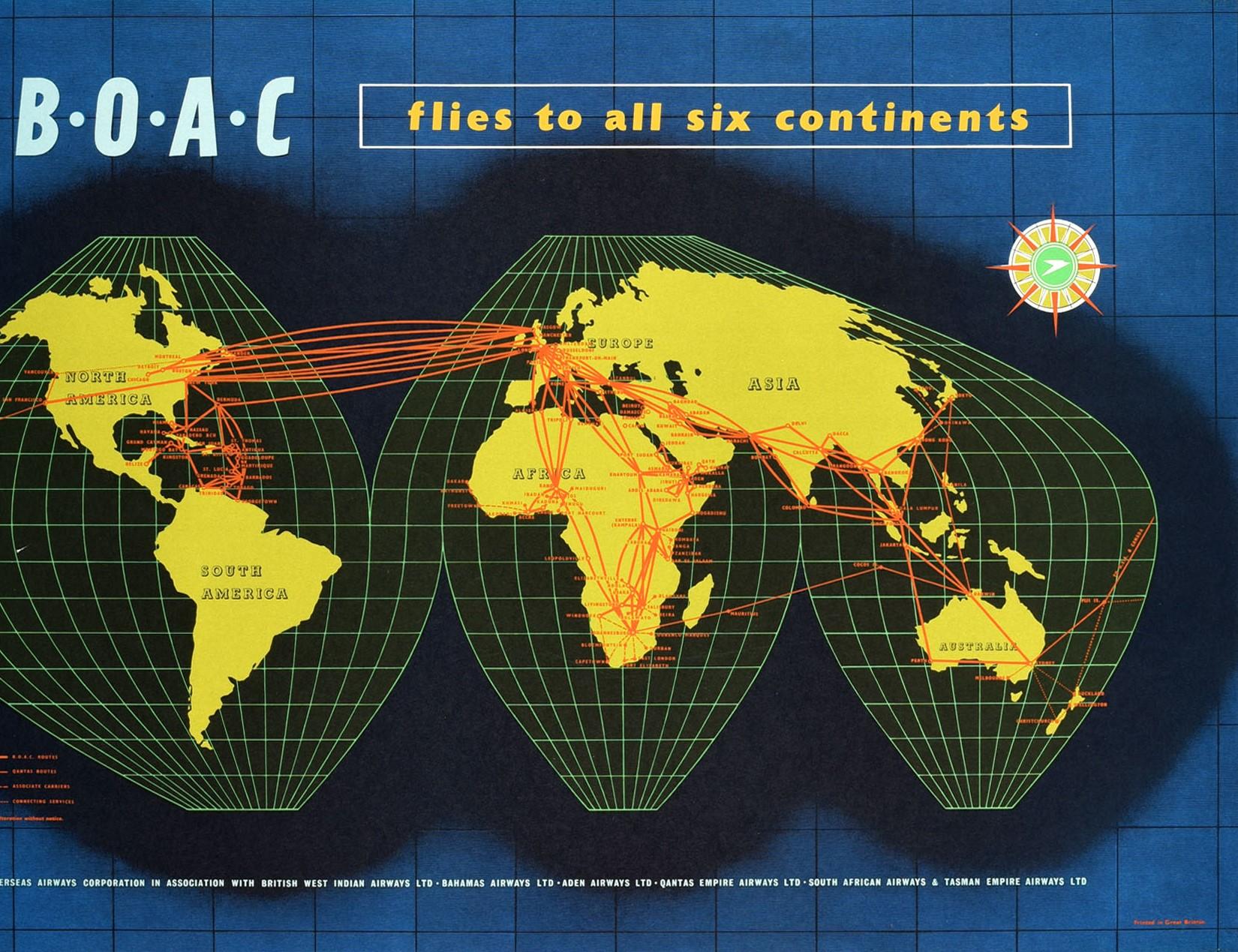 Original Vintage-Reiseplakat BOAC „Flies To All Six Continents“, Planisphere Map (Schwarz), Print, von Unknown