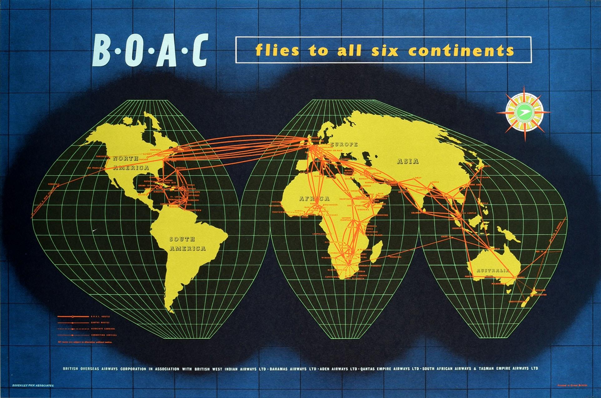 Unknown Print - Original Vintage Travel Poster BOAC Flies To All Six Continents Planisphere Map