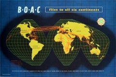 Original Vintage Travel Poster BOAC Flies To All Six Continents Planisphere Map