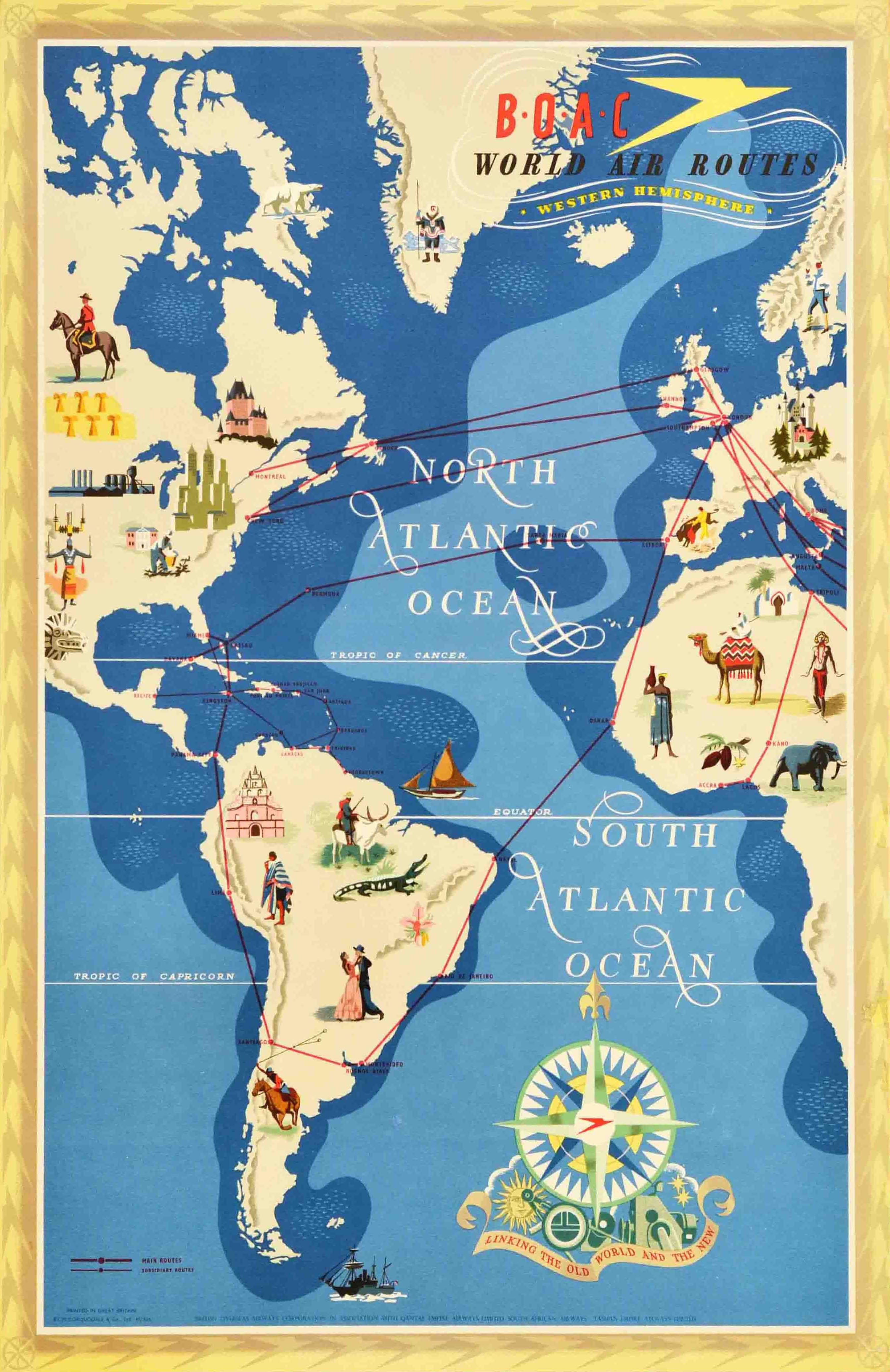 Unknown Print - Original Vintage Travel Poster BOAC World Air Routes Western Hemisphere Design