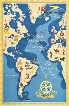 Affiche rétro originale de voyage BOAC World Air Routes, Dessin de l'hémisphère occidentale