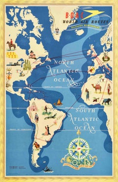 Original-Vintage-Reiseplakat BOAC World Air Routes, Western Hemisphere Design