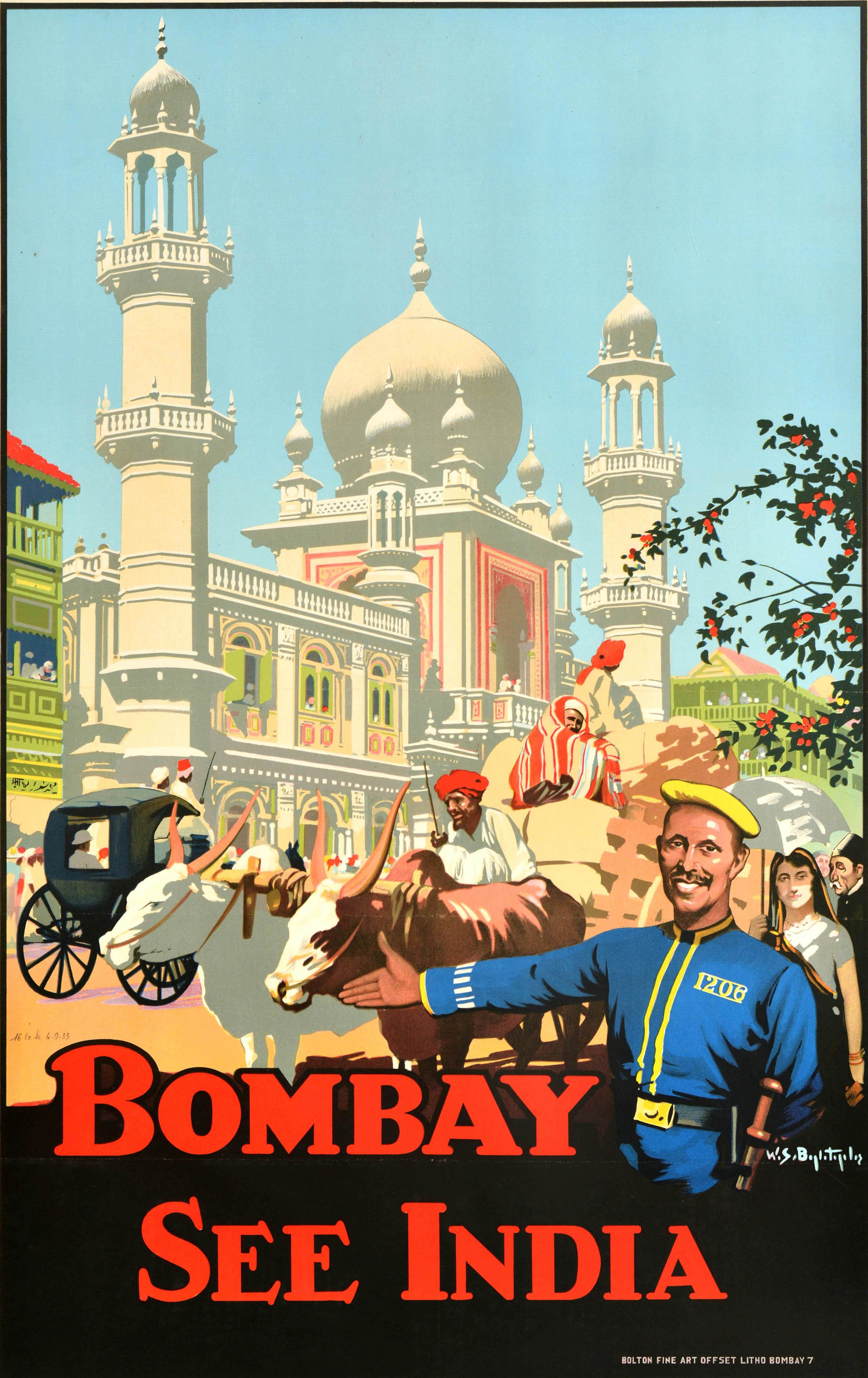 Original Vintage Travel Poster Bombay See India Mumbai Old Temple Street Design - Print by Unknown