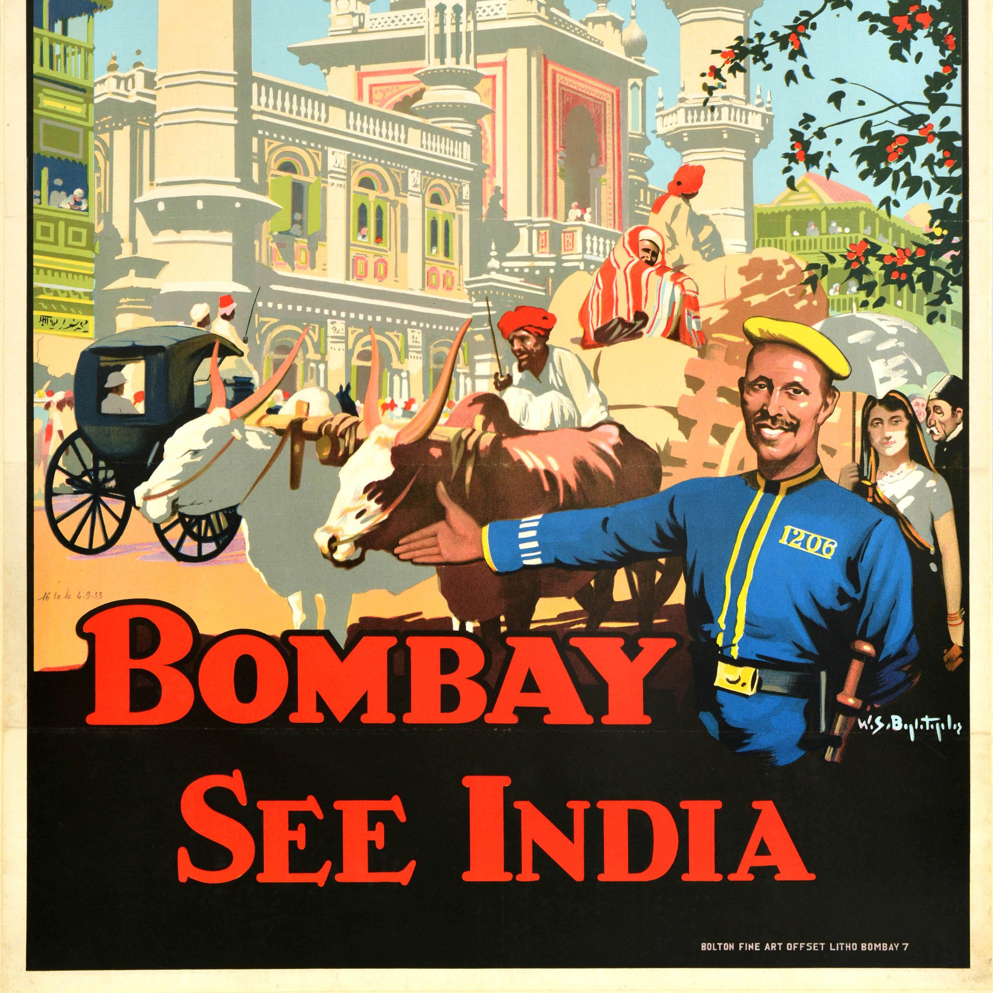 Original Vintage-Reiseplakat - Bombay See India - mit einem tollen Design, das Männer auf einem Ochsenkarren, Menschen auf der belebten Straße und eine Pferdekutsche vor einem alten Tempelgebäude mit Kuppel und Türmen zeigt, darunter der fette Text