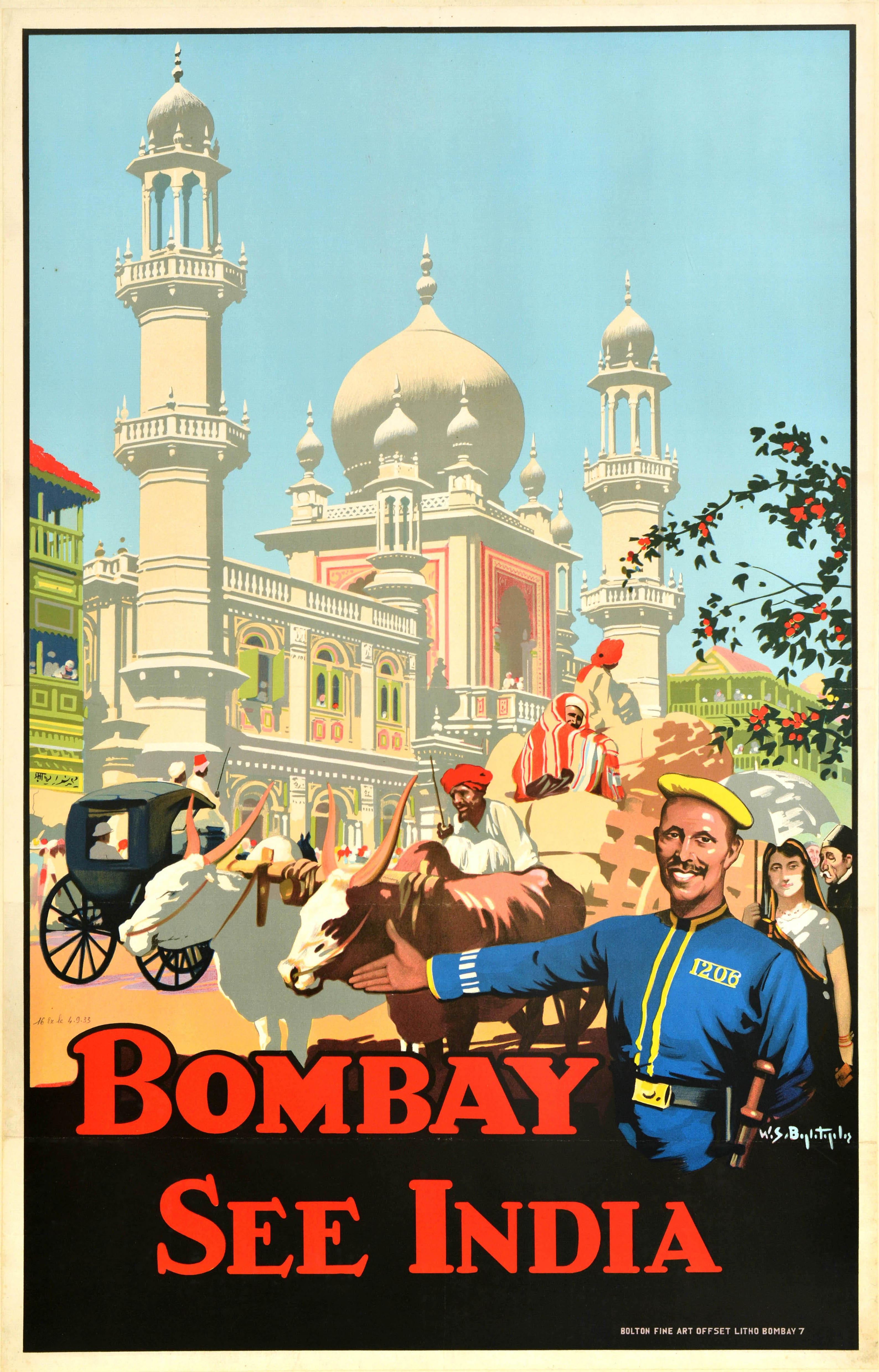 Unknown Print - Original Vintage Travel Poster Bombay See India Mumbai Old Temple Street Design