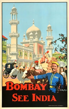 Original Vintage Travel Poster Bombay See India Mumbai Old Temple Street Design
