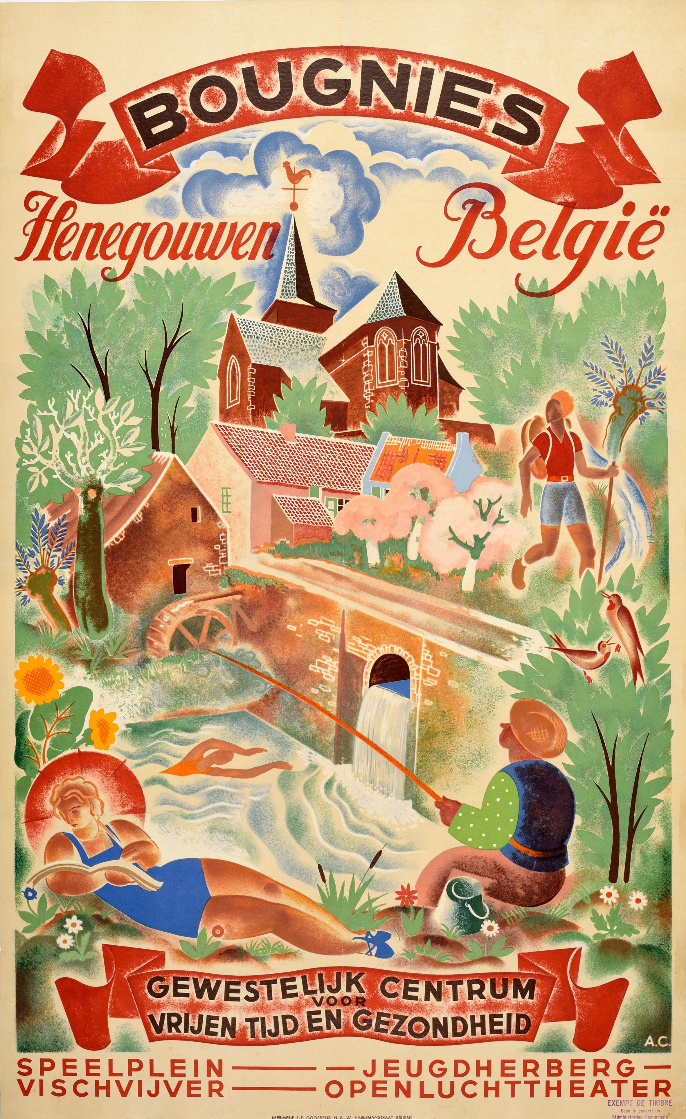 Original-Vintage-Reiseplakat Bougnies Henegouwen, Belgien, Sport, Reisen