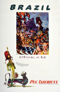 Original Vintage Travel Poster Brazil Pan Am Airline Carnival Rio de Janeiro Art
