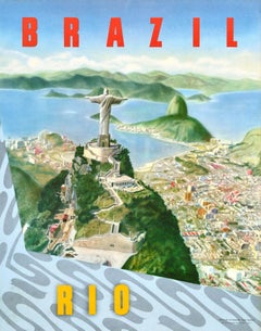 Affiche rétro originale de voyage du Brésil Rio Christ Le Révérend, plage de Copacabana
