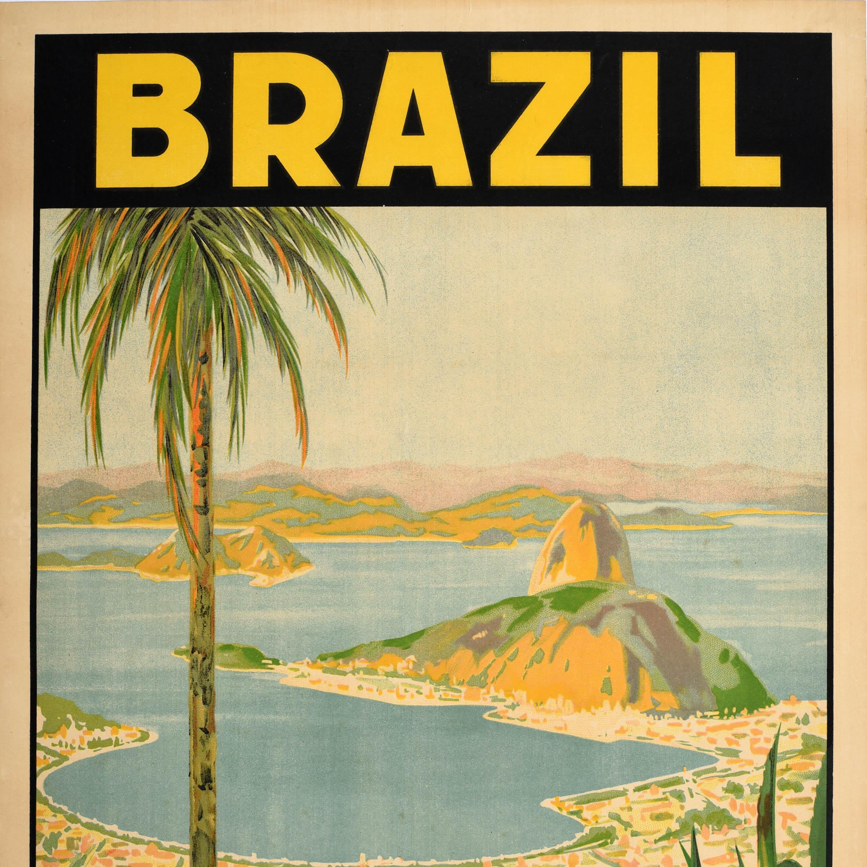 Original vintage travel poster for Brazil in South America featuring a scenic view from the Christ the Redeemer statue on Mount Corcovado towards Sugarloaf Mountain in Guanabara Bay Rio de Janeiro with trees in the foreground and hills on the