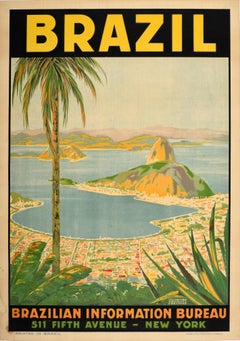 Affiche de voyage originale du Brésil Rio Guanabara Bay Sugarloaf Mountain Art