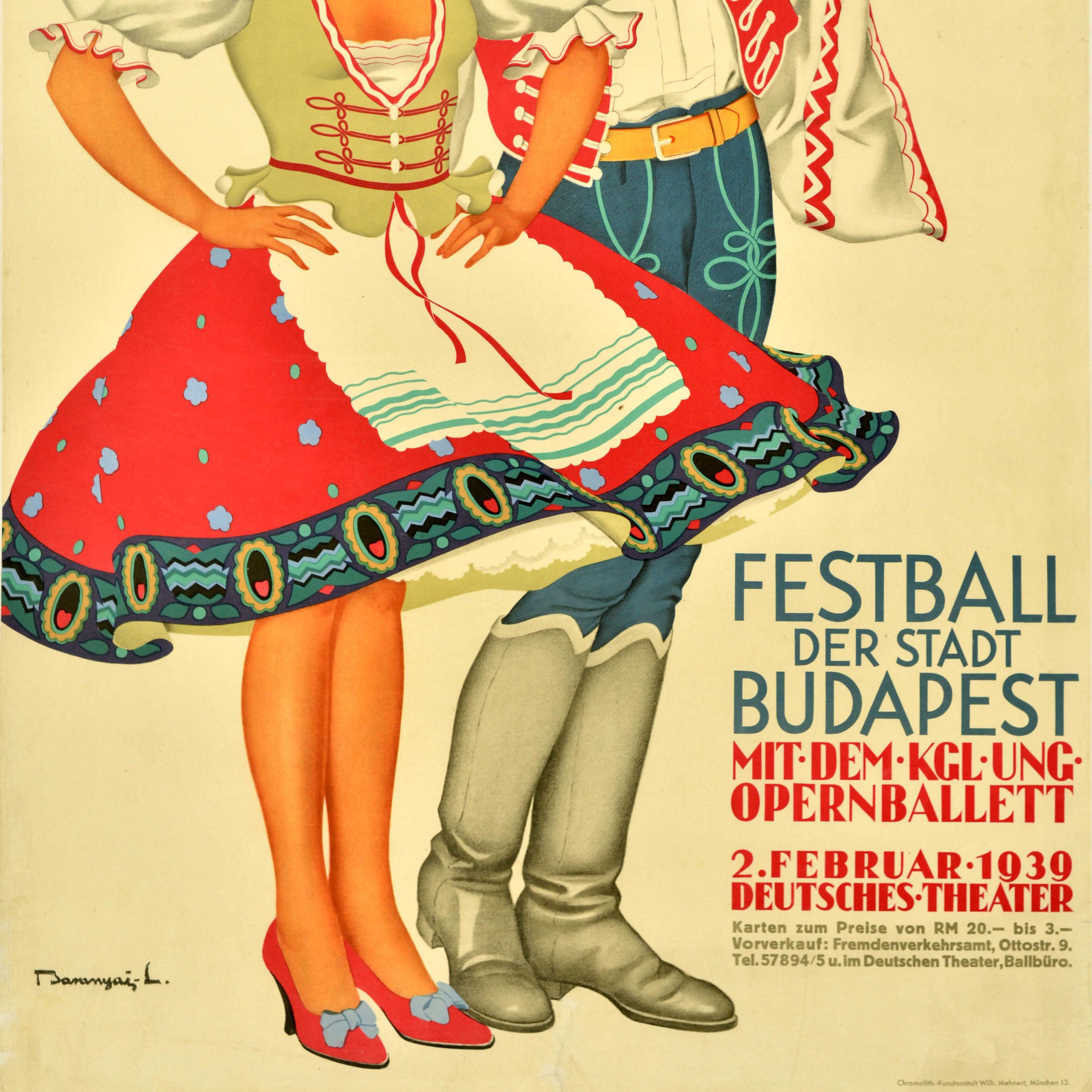 Originales Vintage-Reiseplakat für das Budapester Stadtfest mit Opernballett am 2. Februar 1939 im Deutschen Theater - Festball der Stadt Budapest mit dem Kgl. Ung. Opernballett Deutsches Theater - mit einer farbenfrohen Illustration zweier Tänzer