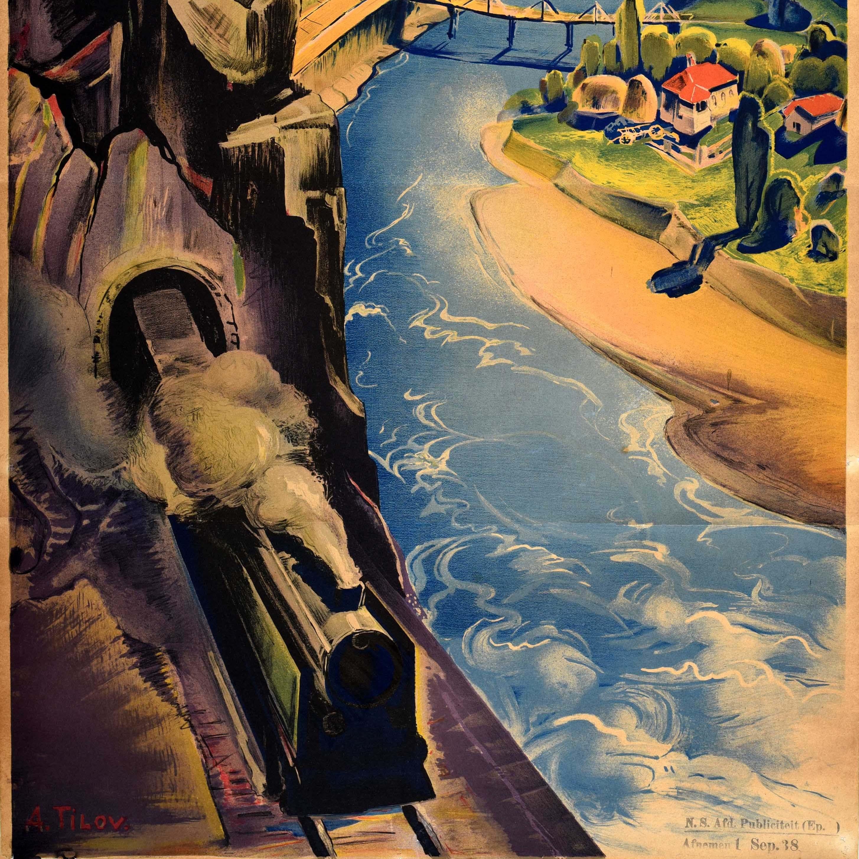 Original vintage travel poster for Bulgaria featuring a scenic view of a steam train travelling through a tunnel on a rocky cliff above a river with a bridge linking a riverside town to the railway and trees and mountains in the distance. Artwork by