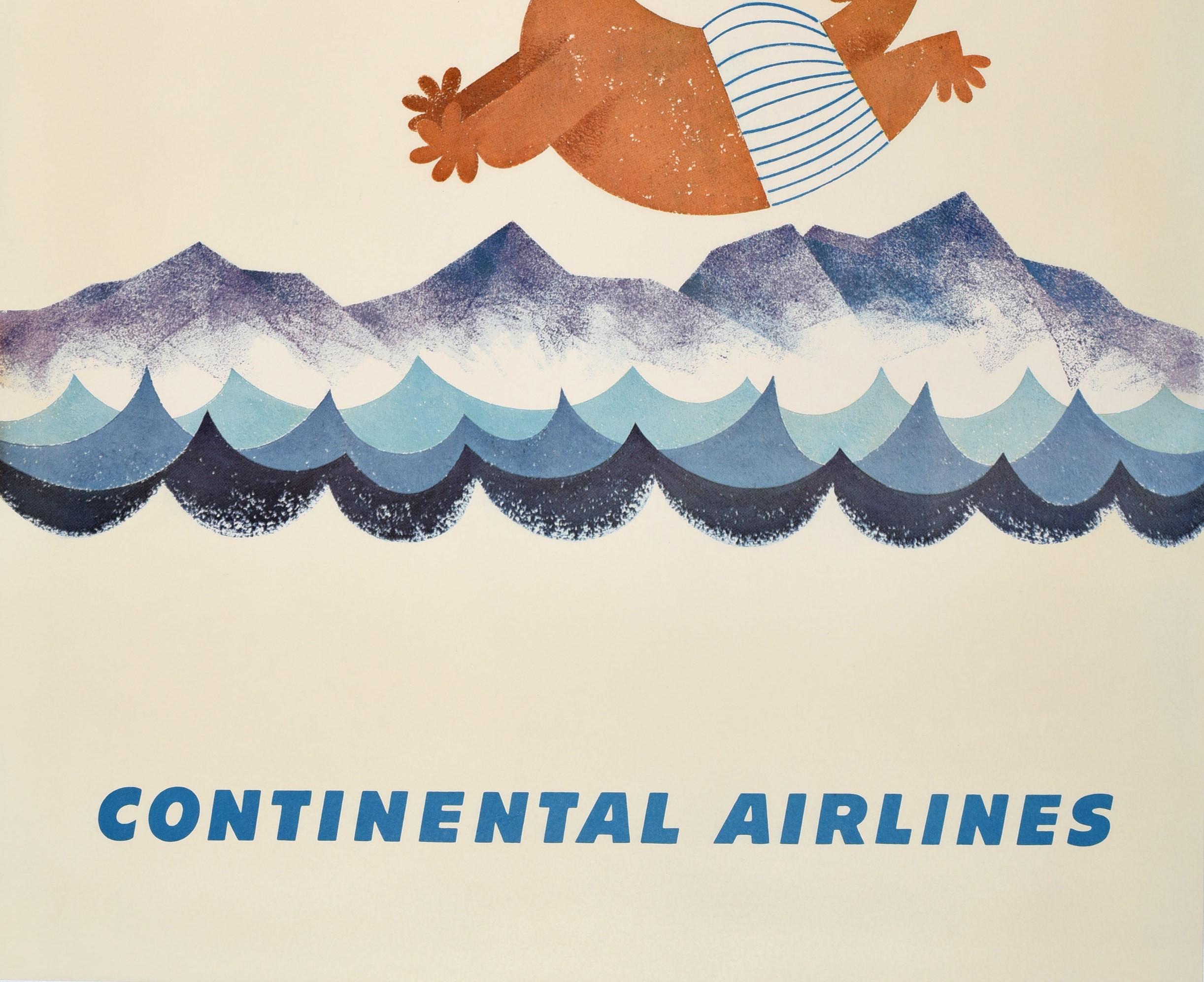 Original vintage travel poster - California Continental Airlines - featuring a fun design depicting a smiling orange sun headed character wearing a purple beret hat, sunglasses and striped shorts, smoking a cigarette with a cigarette holder while