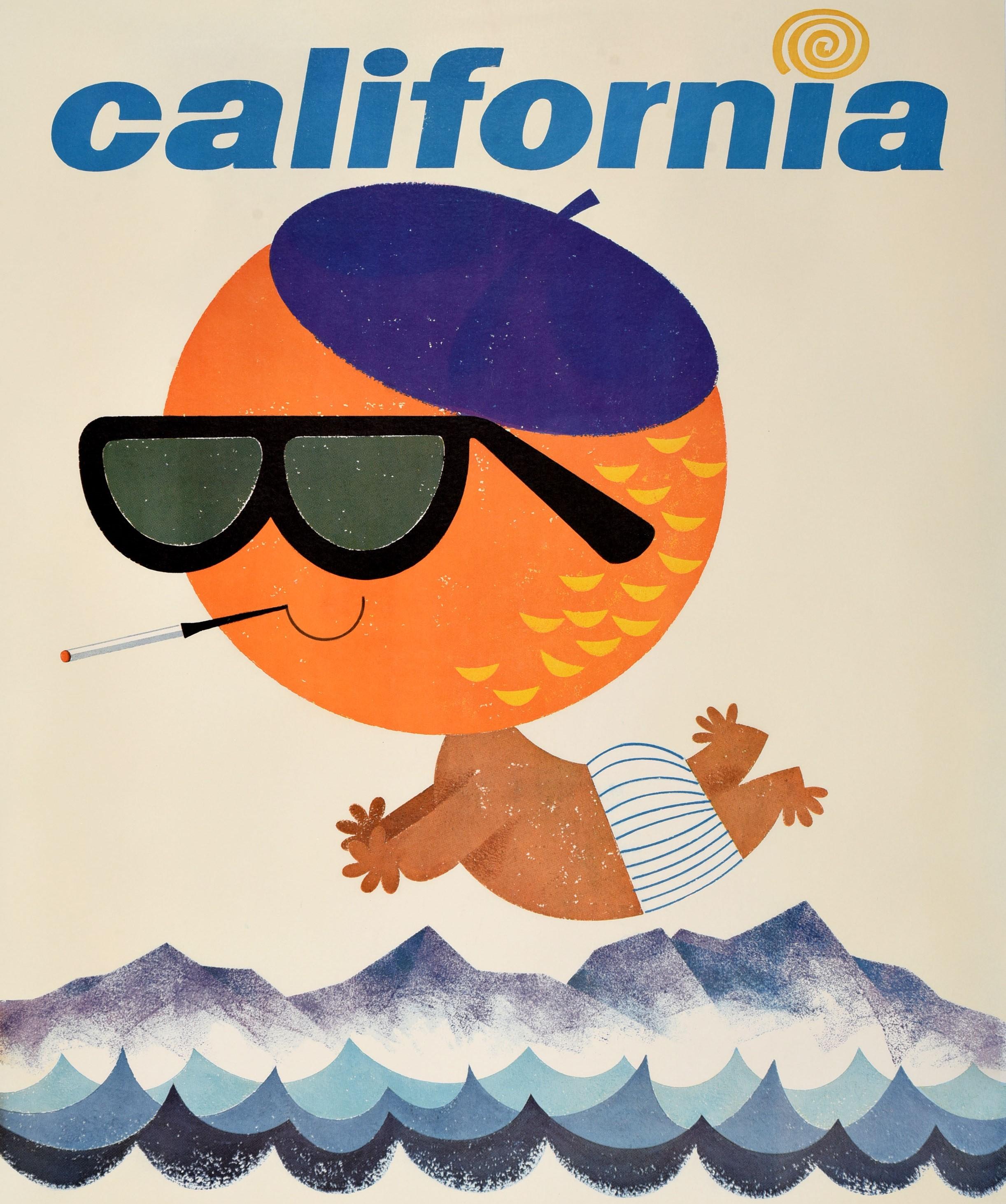 Poster di viaggio originale d'epoca California Continental Airlines Sun Orange Design 1