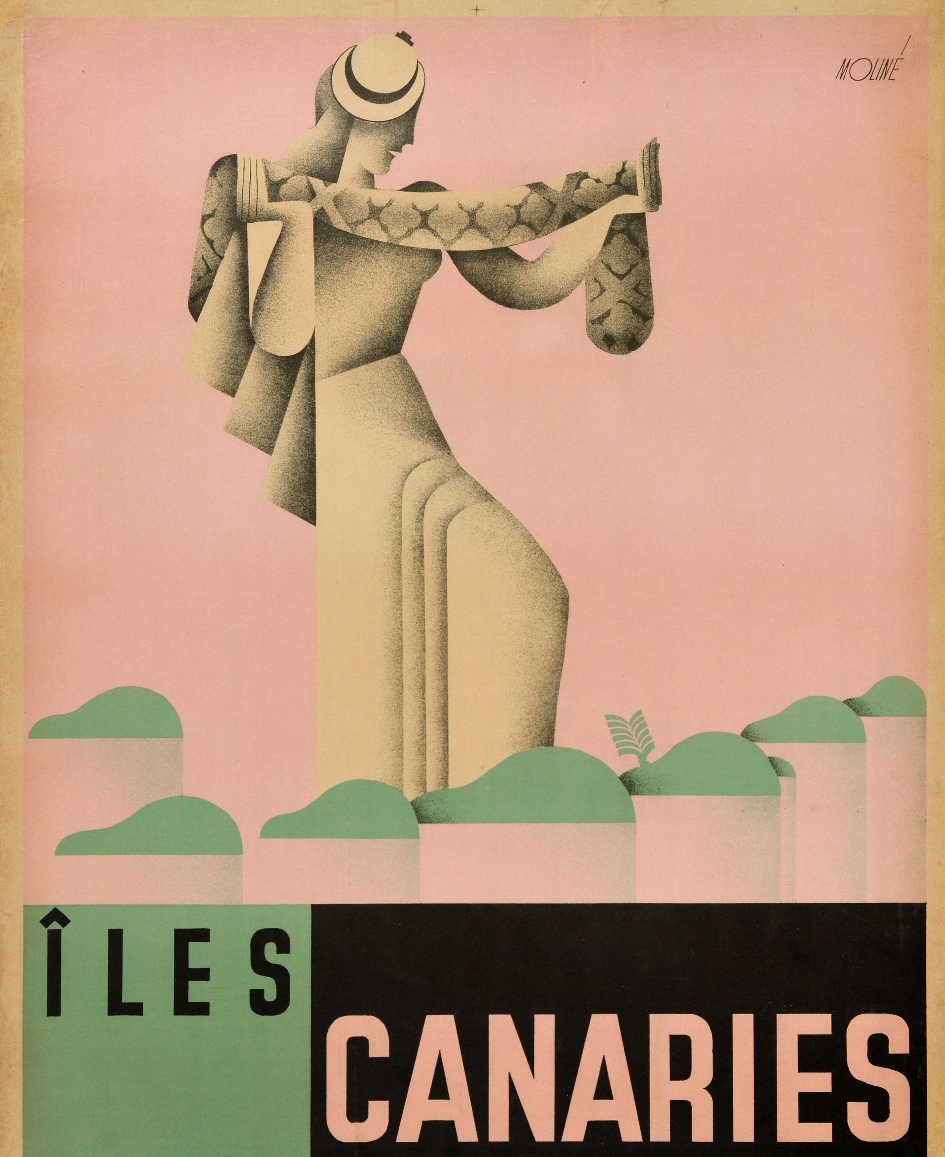 Original Vintage-Reiseplakat, Kanarische Inseln, Iles, Canaries, Canarias, Spanien, Kunst (Beige), Print, von Unknown