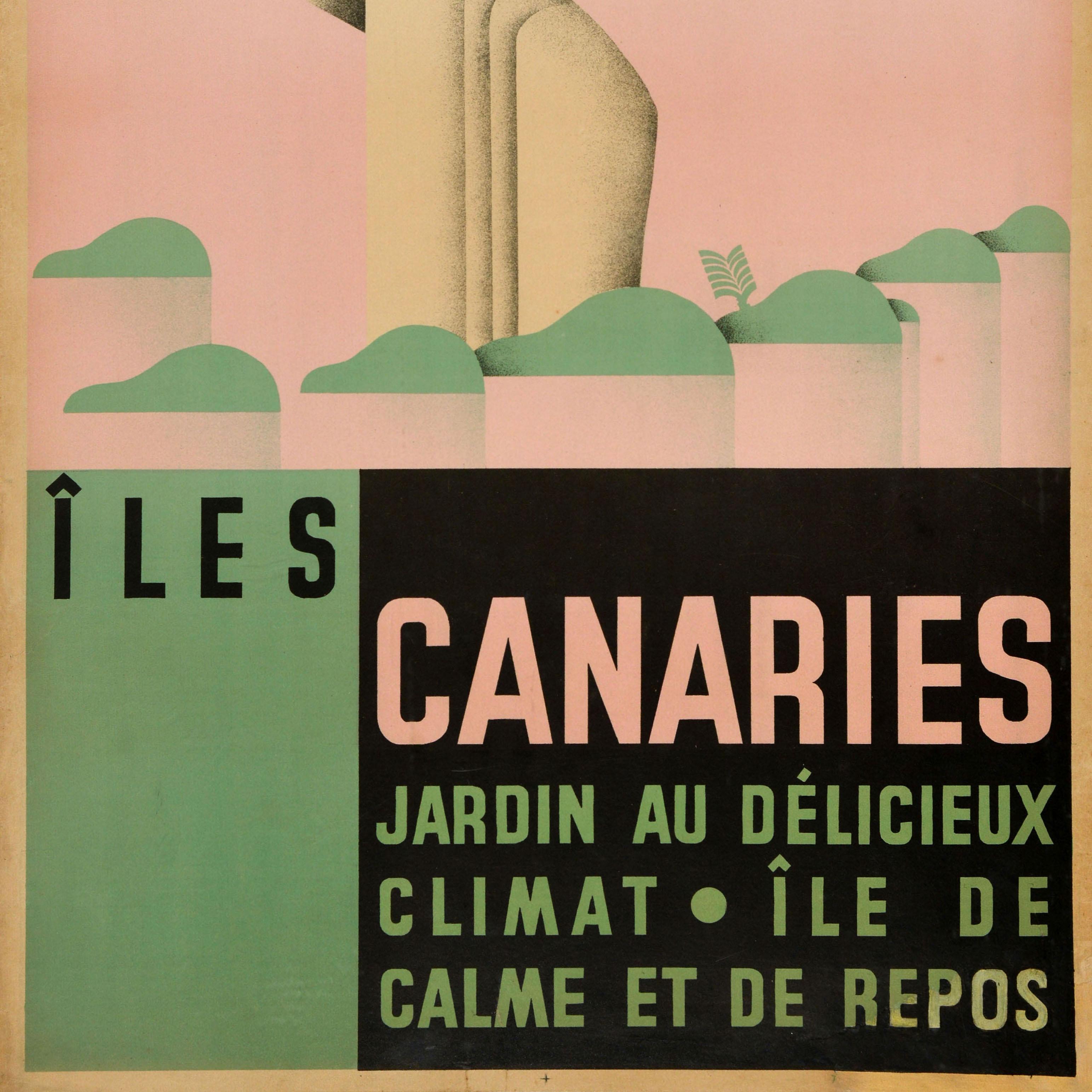 Original Vintage-Reiseplakat für die Kanarischen Inseln / Iles Canaries mit einem großartigen Design von Antonio Ares Moline (1907-1937), das eine Dame mit Inseln zu ihren Füßen vor einem rosafarbenen Hintergrund zeigt. Die Bildunterschrift lautet -