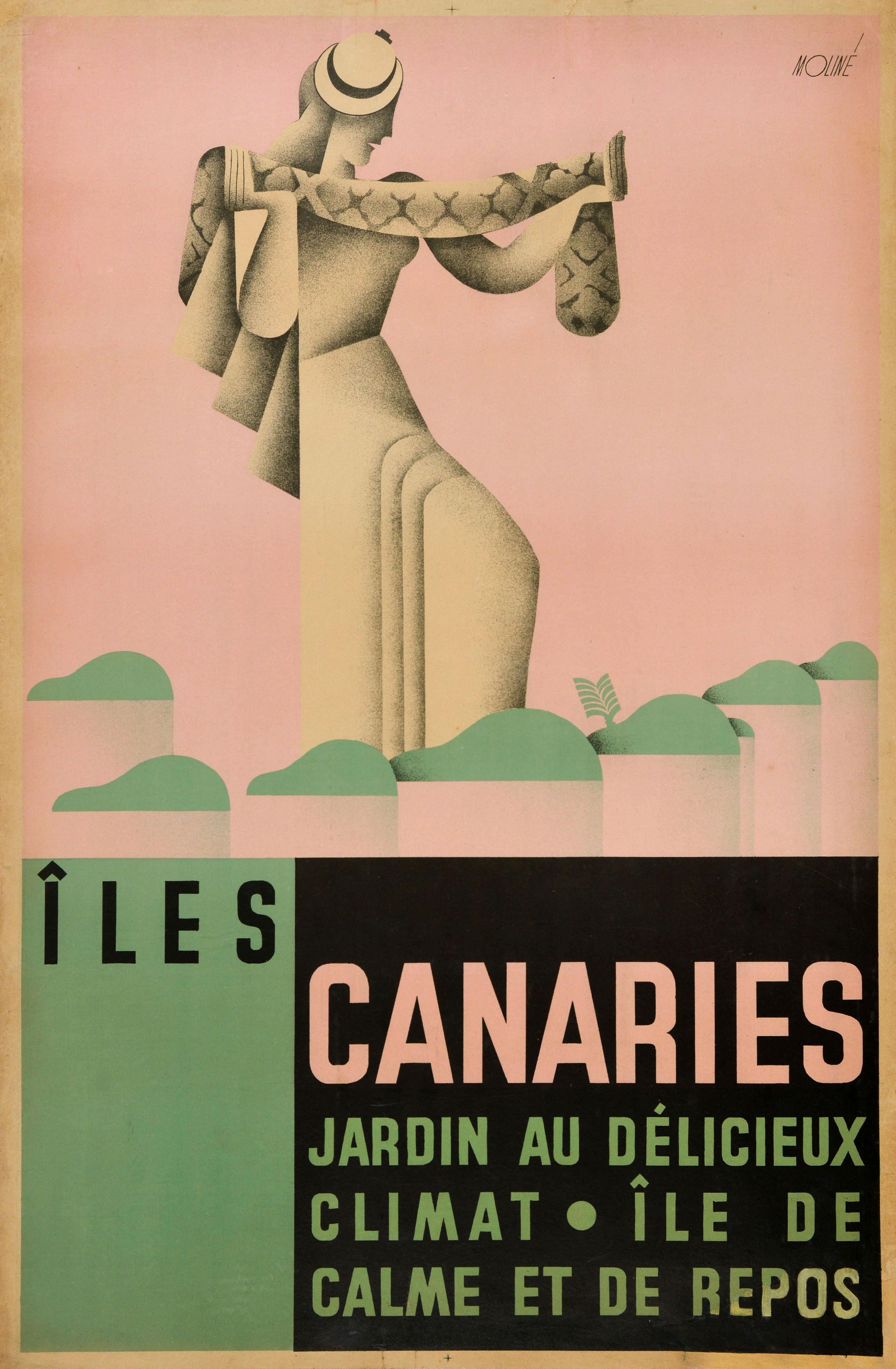 Unknown Print – Original Vintage-Reiseplakat, Kanarische Inseln, Iles, Canaries, Canarias, Spanien, Kunst