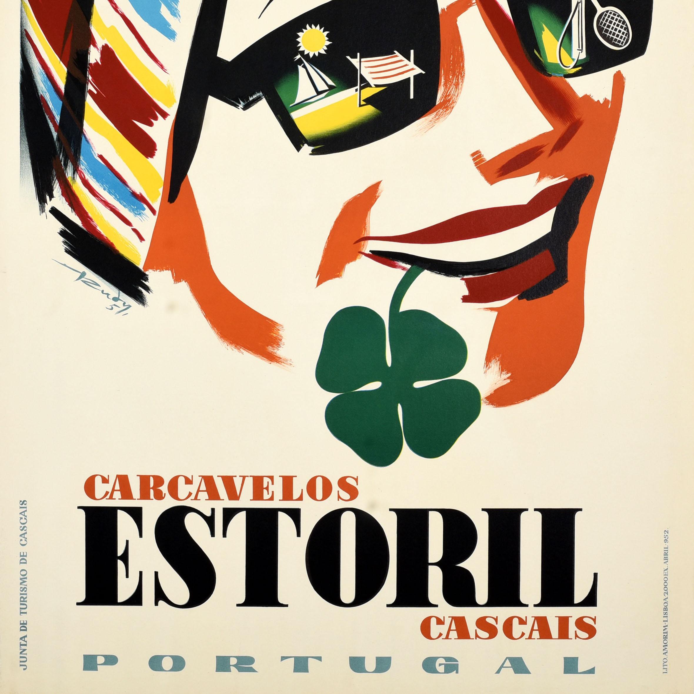 Poster di viaggio originale d'epoca - Carcavelos Estoril Cascais Portugal - con l'illustrazione di una signora sorridente che indossa un cerchietto a righe colorate con un quadrifoglio in bocca, un riflesso nei suoi occhiali da sole che mostra mazze