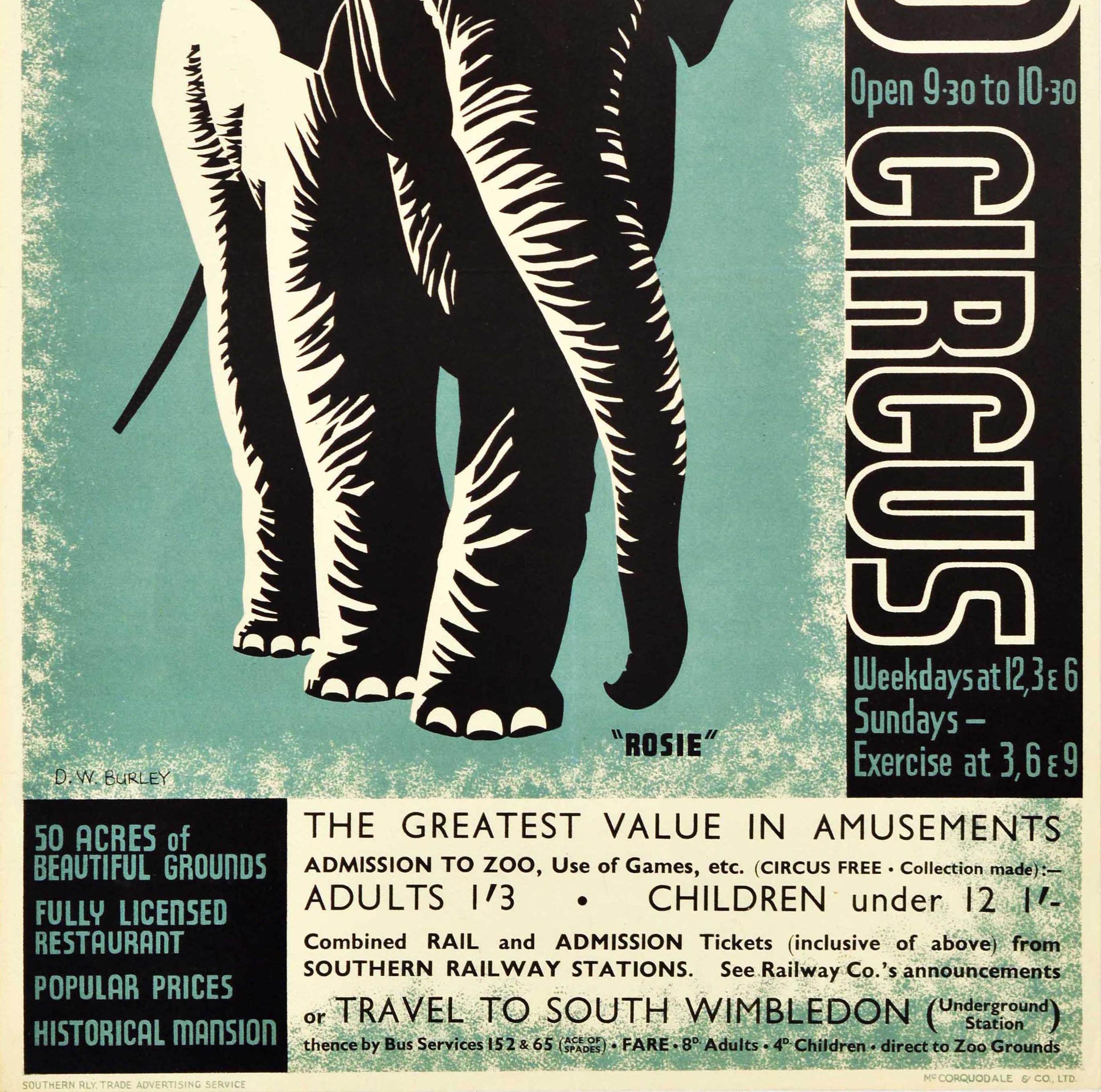 Original Vintage-Reiseplakat für Chessington Zoo Circus von Southern Railway - 50 Hektar schönes Gelände Voll lizenziertes Restaurant Beliebte Preise Historisches Herrenhaus Der größte Wert in Vergnügungen. Ein farbenfrohes Kunstwerk von David