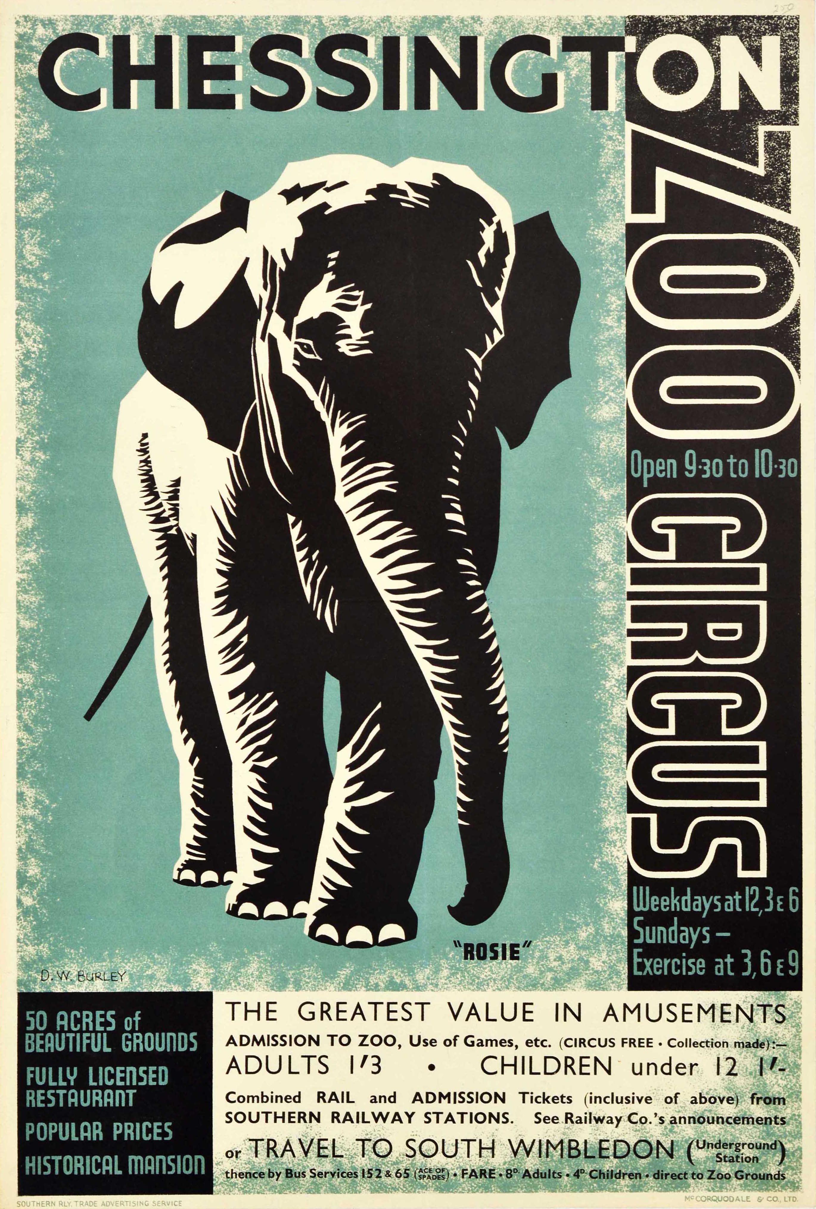 Unknown Print - Original Vintage Travel Poster Chessington Zoo Southern Railway Circus Elephant
