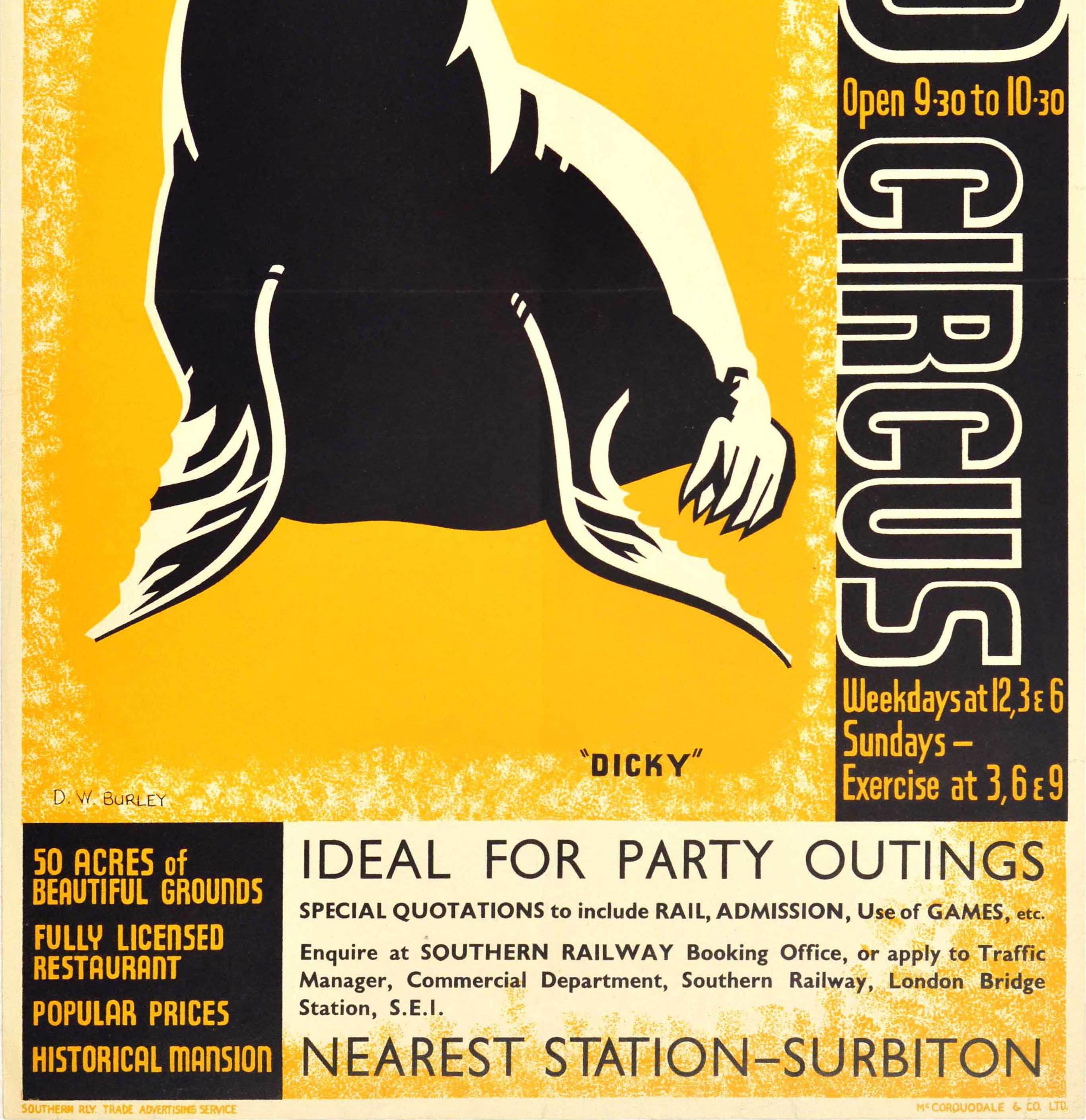 Original vintage travel poster for Chessington Zoo Circus by Southern Railway - 50 acres of beautiful grounds Fully licensed restaurant Popular prices Historical mansion Ideal for party outings Nearest station Surbiton. Colourful artwork by David
