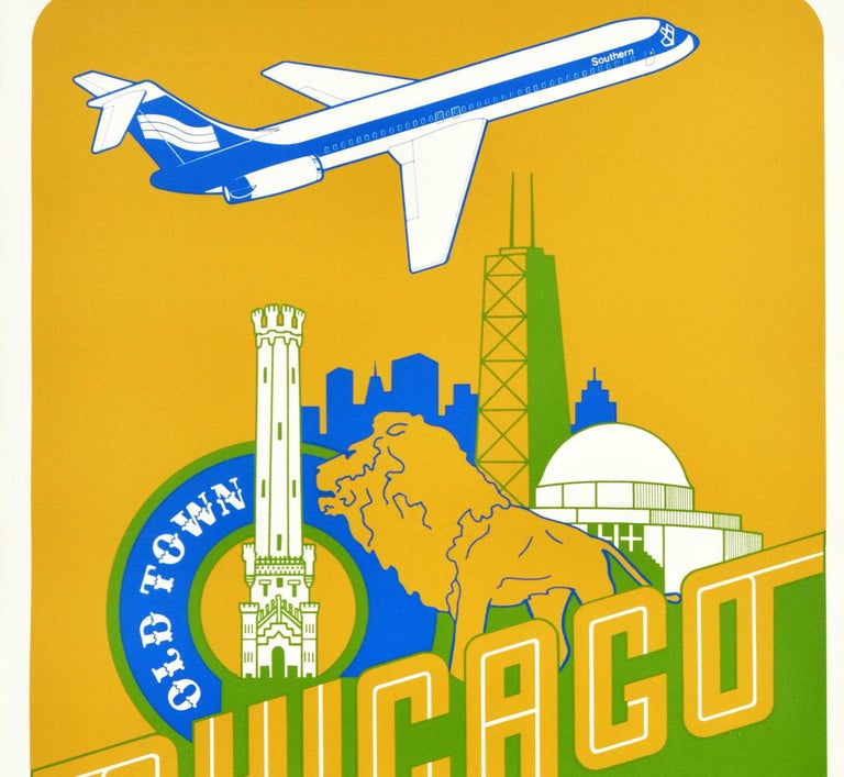 Unknown - Original Vintage Travel Poster Chicago Southern Airways Illinois  Old Town Lion For Sale at 1stDibs