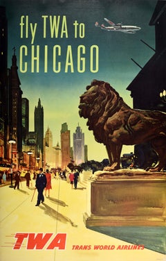 Original Retro Travel Poster Chicago TWA Trans World Airlines Constellation