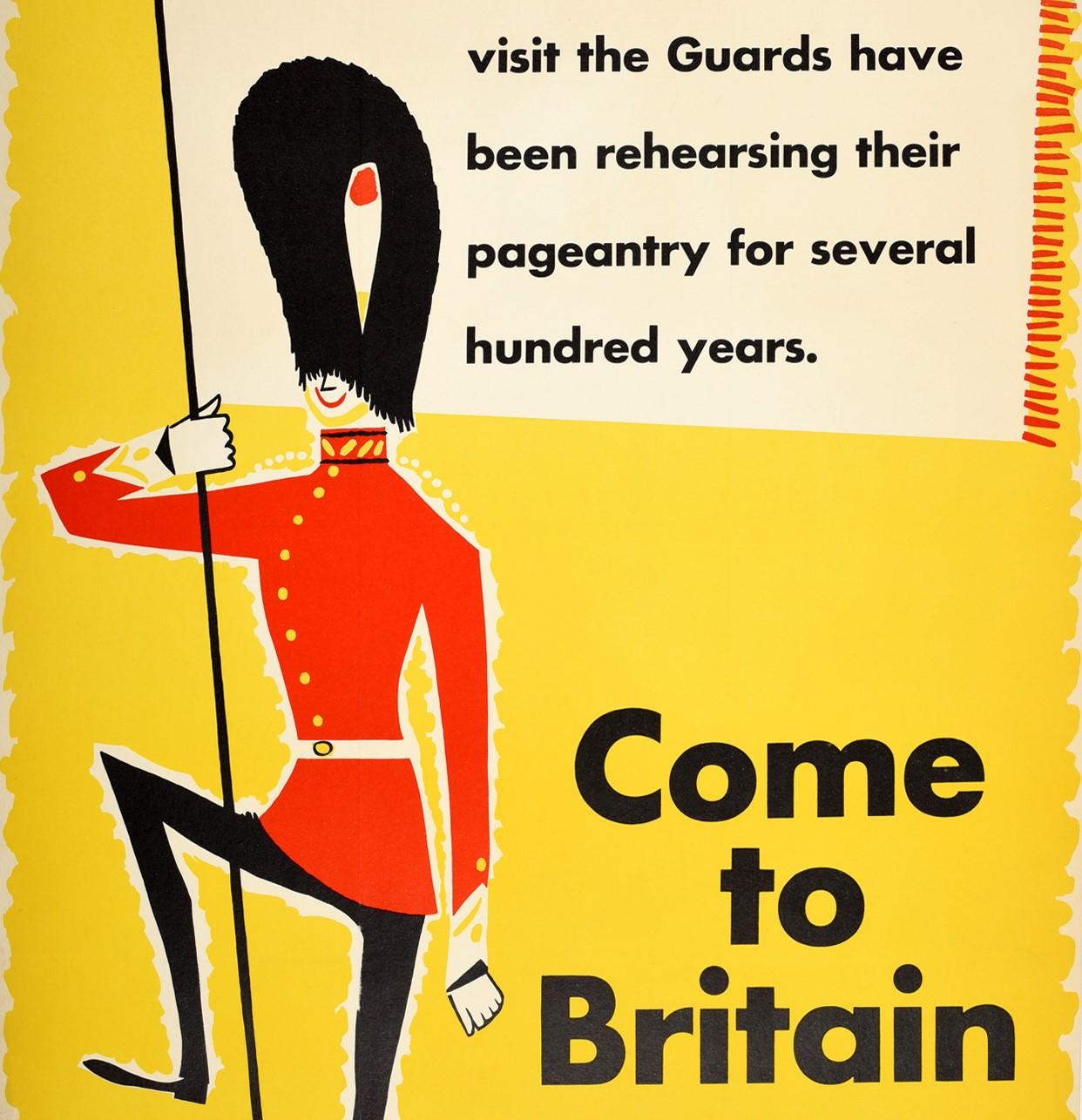 Original Vintage Travel Poster Come To Britain Ft. Midcentury Royal Guard Design - Yellow Print by Unknown