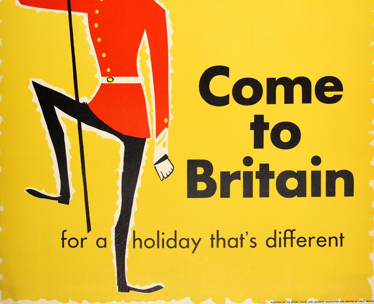 Original vintage travel poster published by the British Travel and Holidays Association – Come to Britain for a holiday that's different – featuring a colourful and fun mid-century design depicting a smiling Royal Guard in red and black uniform