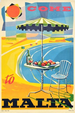 Original Vintage Travel Poster Come To Malta Frank Portelli Mediterranean Beach