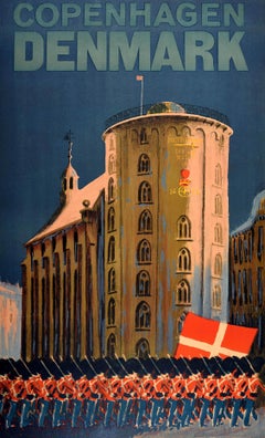 Original Vintage Travel Poster Copenhagen Denmark Royal Guard March Rundetaarn