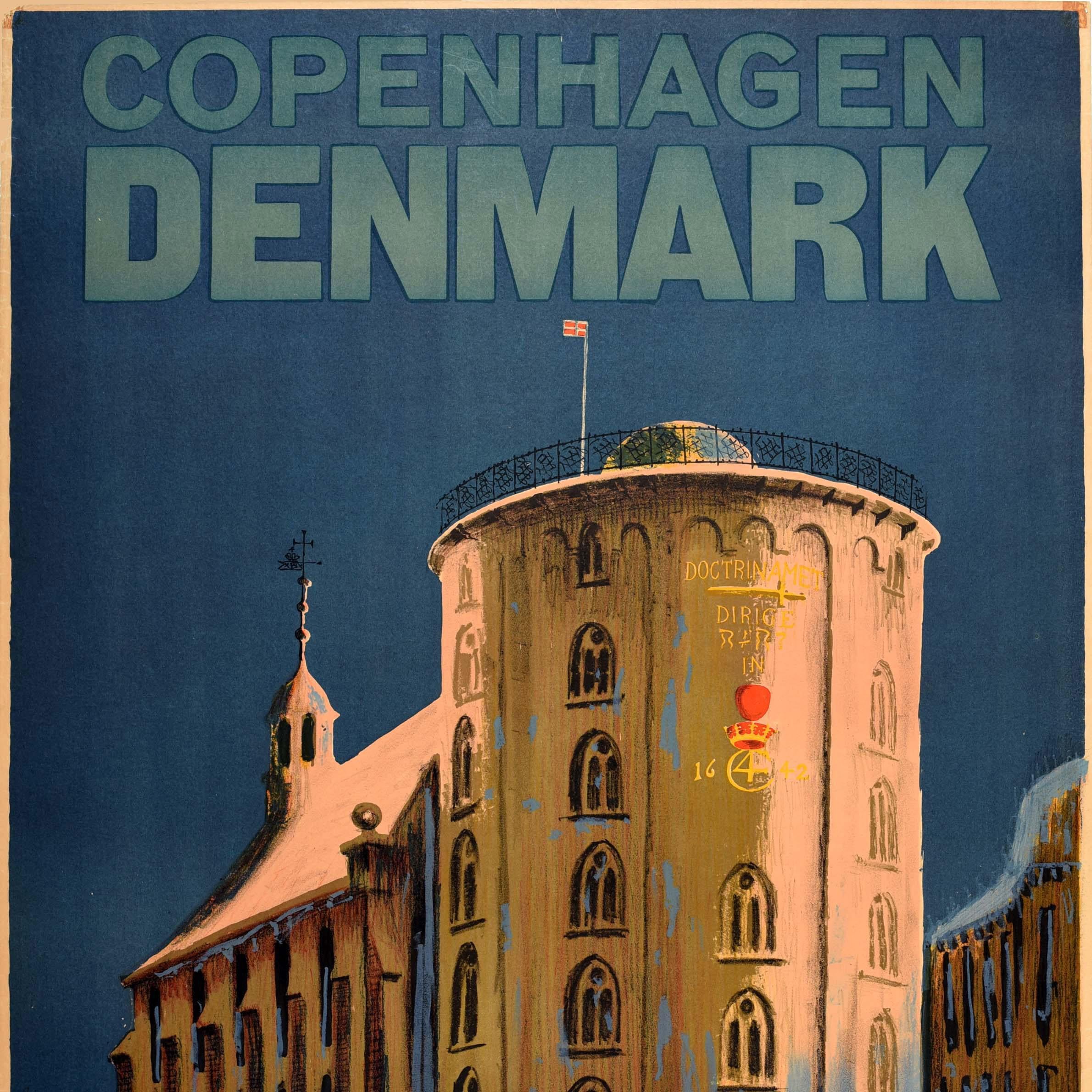 Original-Vintage-Reiseplakat Kopenhagen, Dänemark, Königliche Garde March Rundetaarn (Schwarz), Print, von Unknown