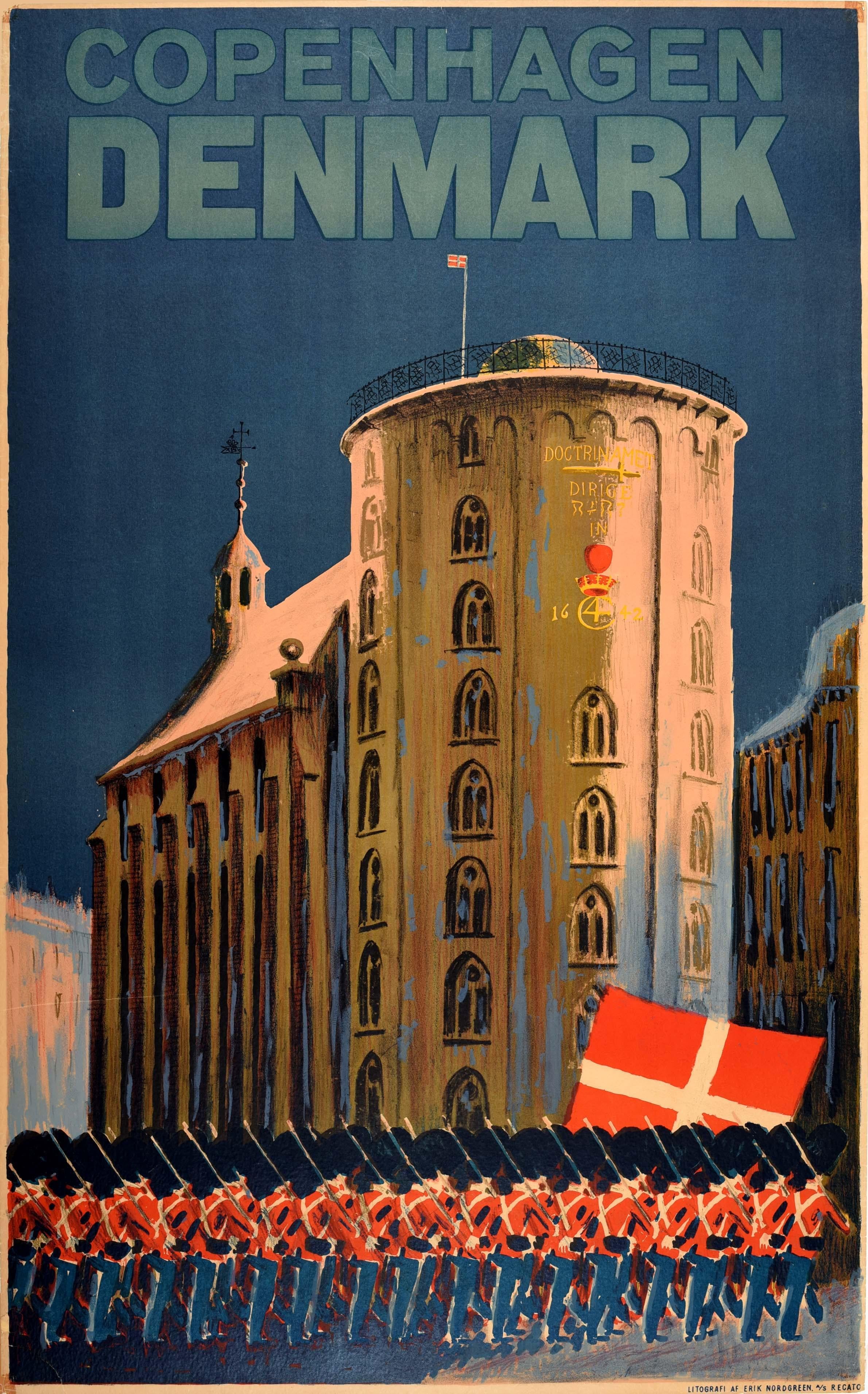 Unknown Print – Original-Vintage-Reiseplakat Kopenhagen, Dänemark, Königliche Garde March Rundetaarn