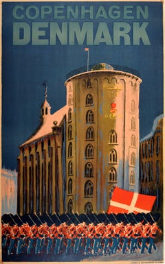 Original Vintage Travel Poster Copenhagen Denmark Royal Guard March Rundetaarn