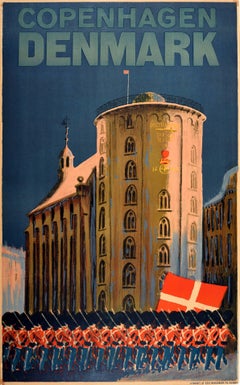 Affiche de voyage originale de Copenhague, Danemark, Garde royale March Rundetaarn