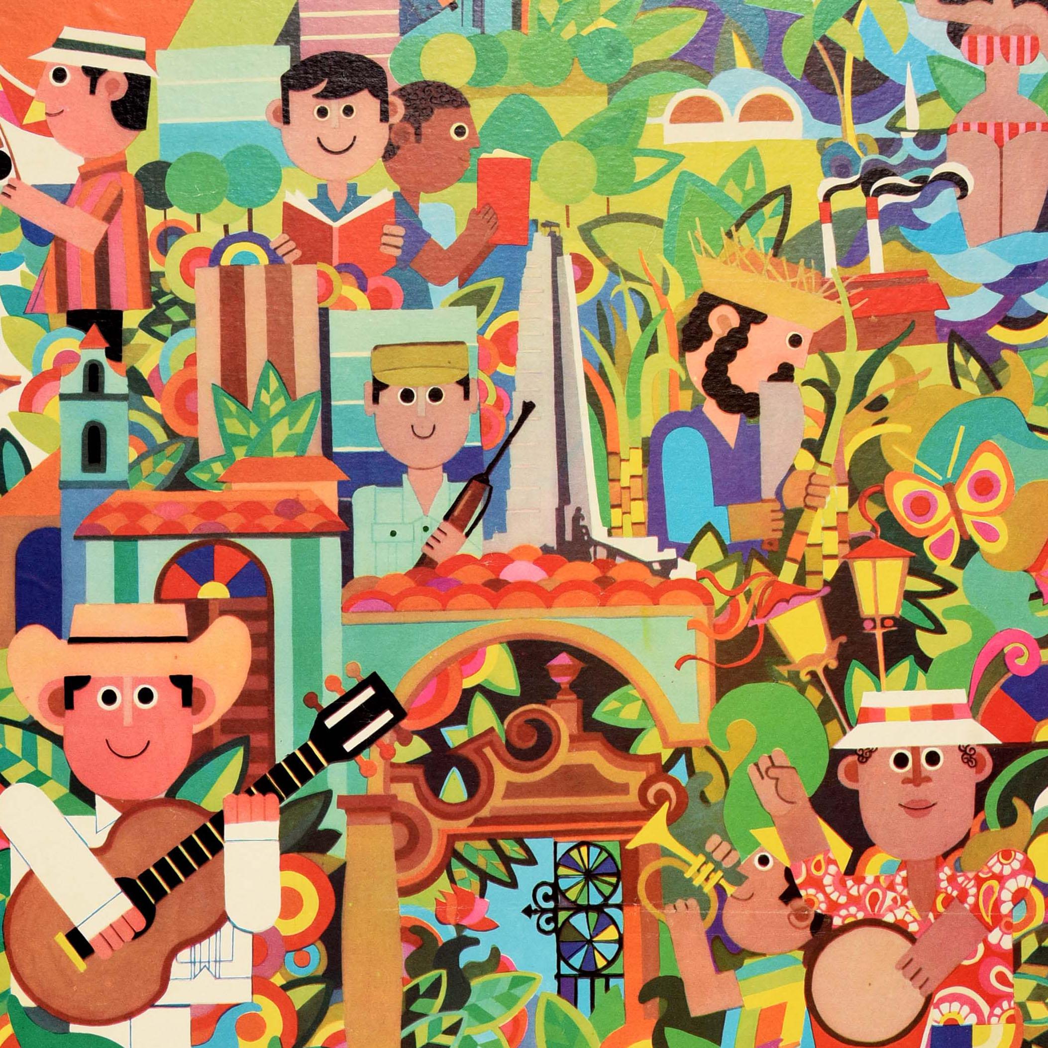 Original Vintage Travel Poster Cuba Árbol Música Turismo Cubatur Mar Caribe - Print de Unknown
