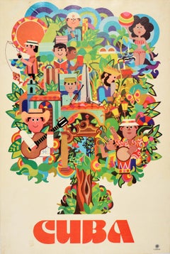 Original Vintage Travel Poster Cuba Árbol Música Turismo Cubatur Mar Caribe