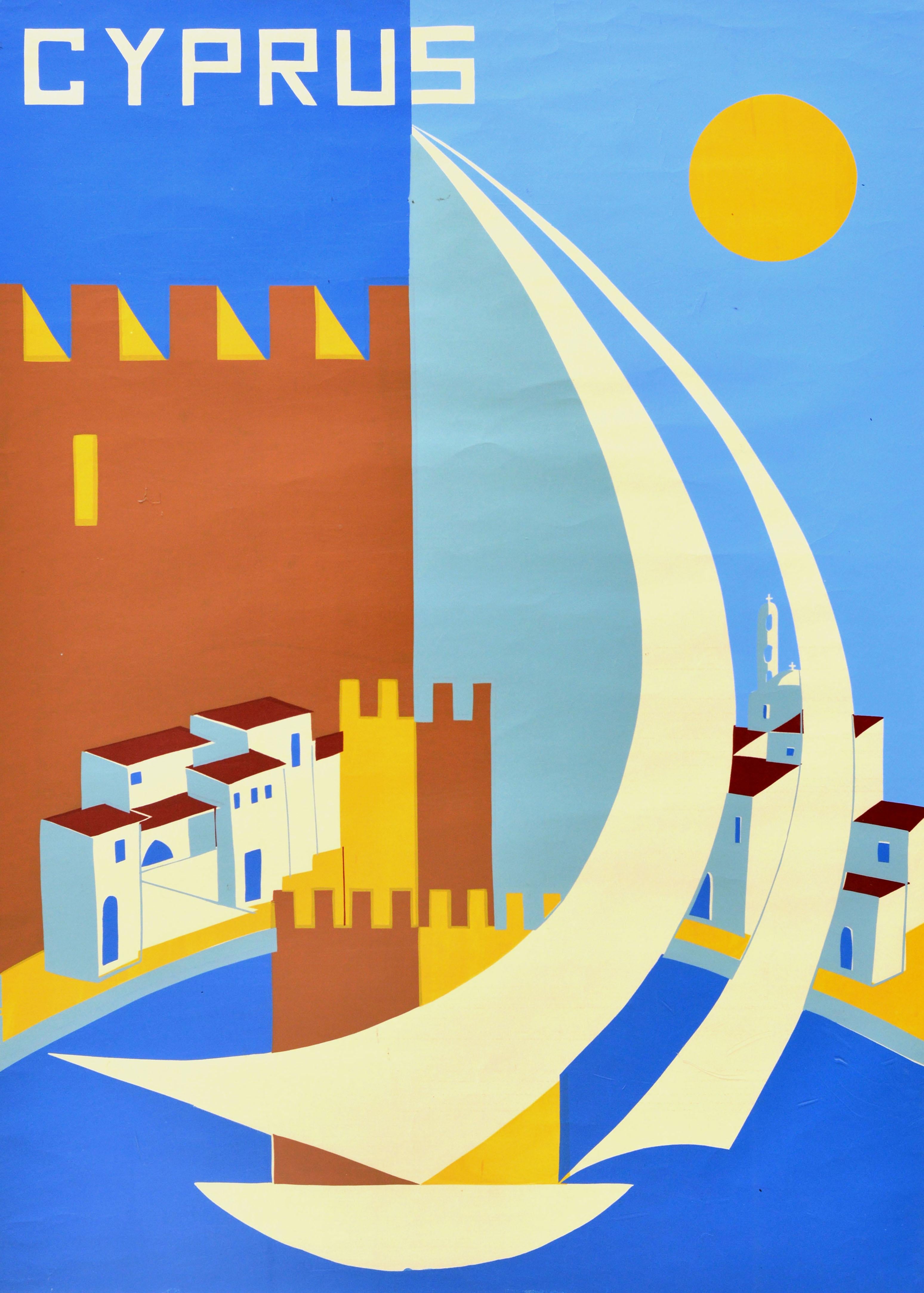 Poster di viaggio originale d'epoca Cipro Spiagge estive Vela Sport Serigrafia - Print di Unknown