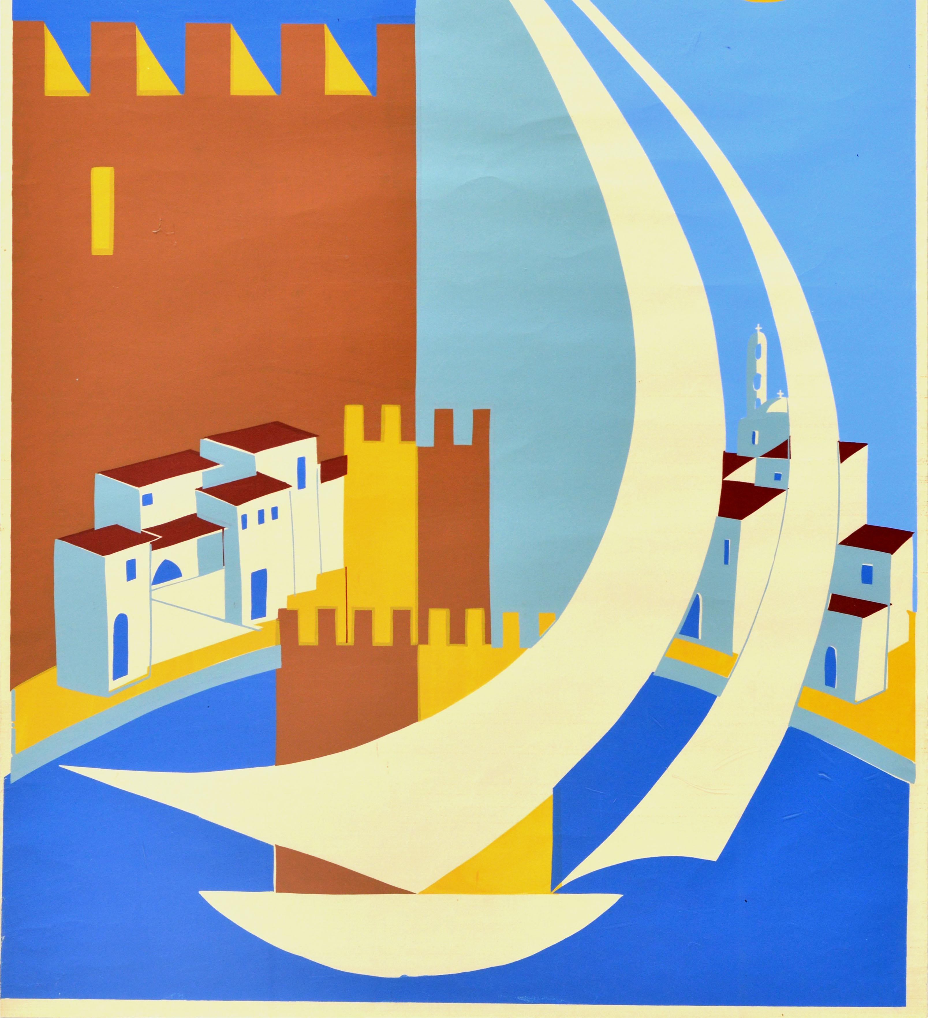 Original vintage travel poster for the island of Cyprus featuring a great silkscreen graphic design depicting historic tourist attractions and sport including a sailing boat in the foreground with castle fort architecture structures, the blue sea