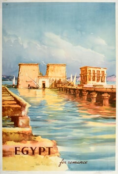 Affiche de voyage vintage originale d'Égypte pour la Romance, Vue de la rivière Nile avec bateaux Felucca