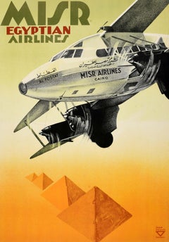 Original Vintage Travel Poster Egypt Misr Egyptian Airlines Ihap Hulusi Gorey