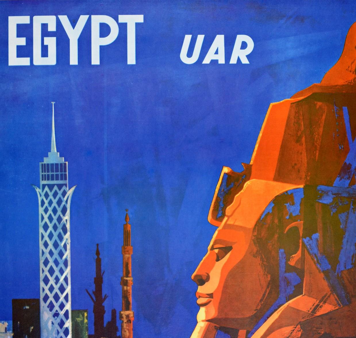 Original-Vintage-Reiseplakat Ägypten UAR Vereinigte Arabische Republik Stadttürme Sphinx (Blau), Print, von Unknown