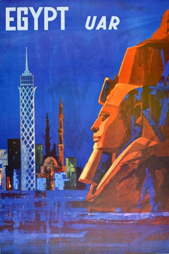 Original Vintage Travel Poster Egypt UAR United Arab Republic City Towers Sphinx