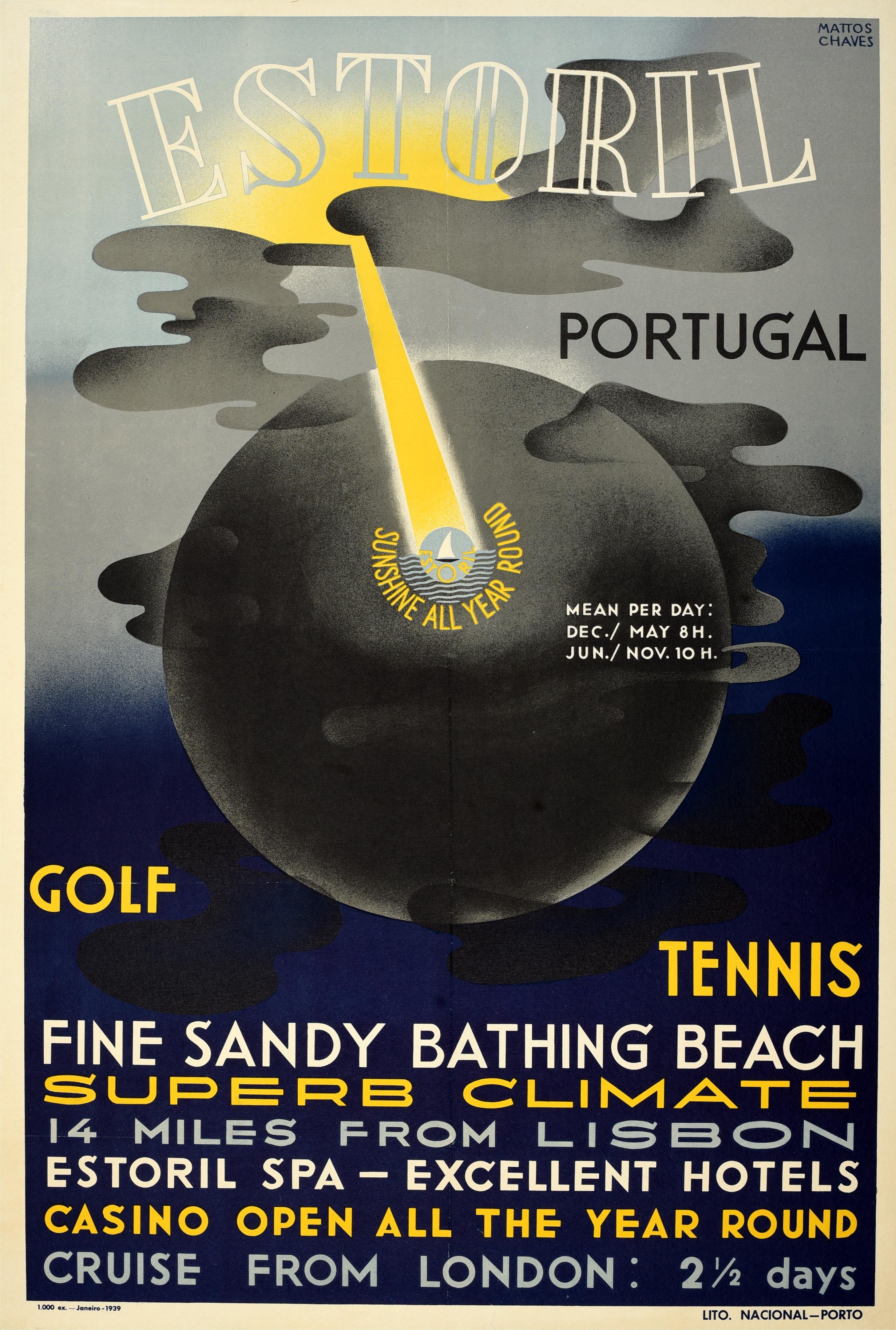 Print de Unknown - Cartel de viaje original de época Estoril Portugal Crucero con sol todo el año