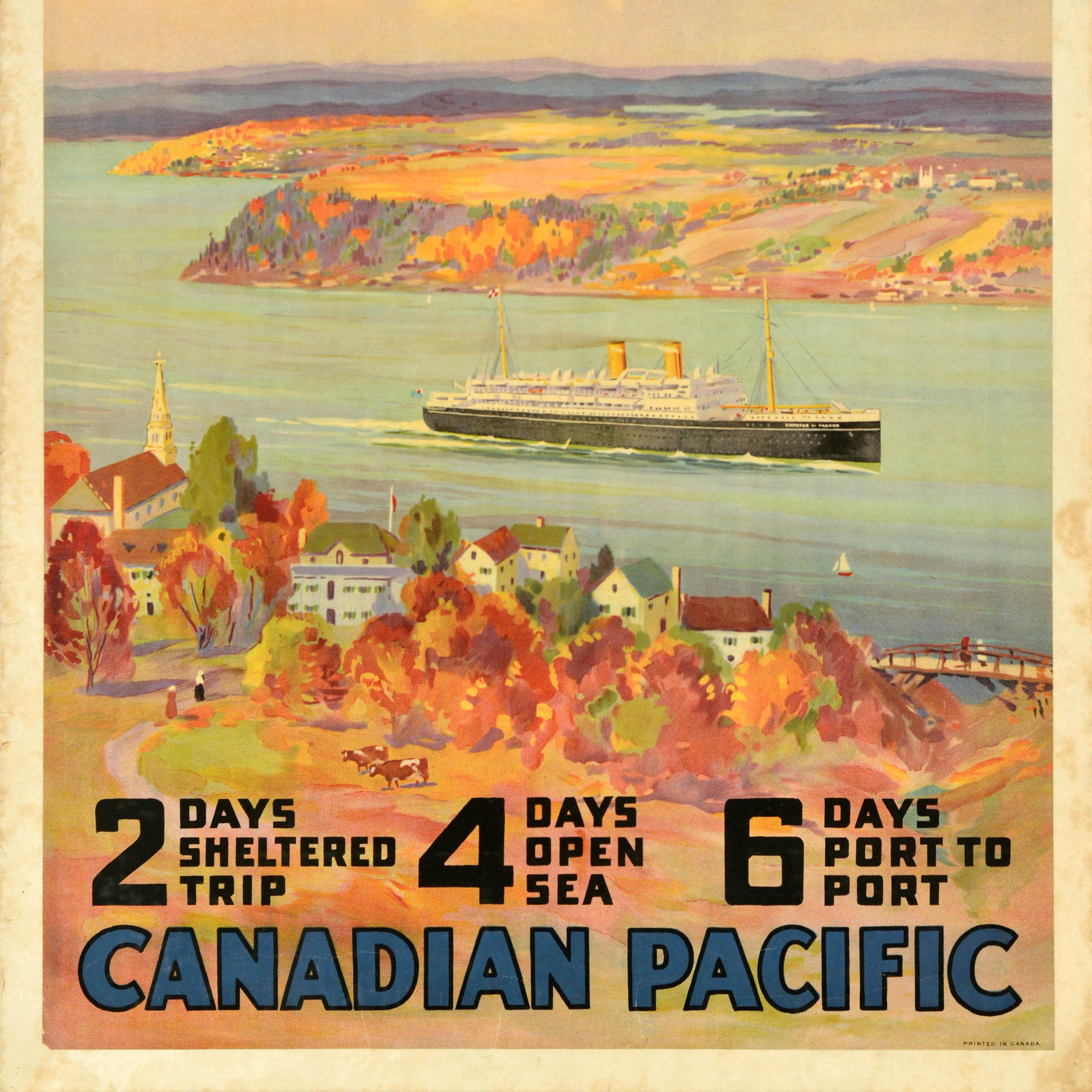 Affiche de croisière vintage originale annonçant des voyages en Europe au départ du Canada - Europe by the panoramic St Lawrence River route 2 days sheltered trip 4 days open sea 6 days port to port Canadian Pacific - comportant une illustration du