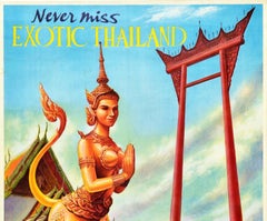 Original Vintage Travel Poster Exotic Thailand State Railway Orient Temple Gate