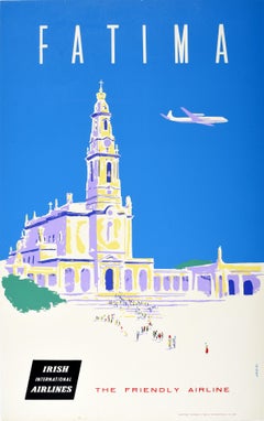 Original Retro Travel Poster Fatima Portugal Irish International Airlines Art