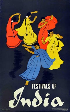 Original Vintage Travel Poster Festivals Of India Dance Asia Design Midcentury